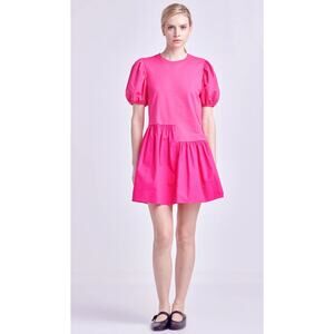 English Factory Knit Woven Mixed Media Puff Sleeve Mini Dress Fuchsia Size Large